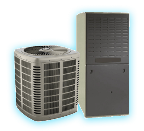 HVAC air conditioner unit and furnace system displayed as a product showcase.
