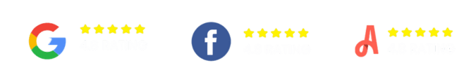 Five-star Google, Facebook, and A-rated review icons highlighting top-rated home service performance.