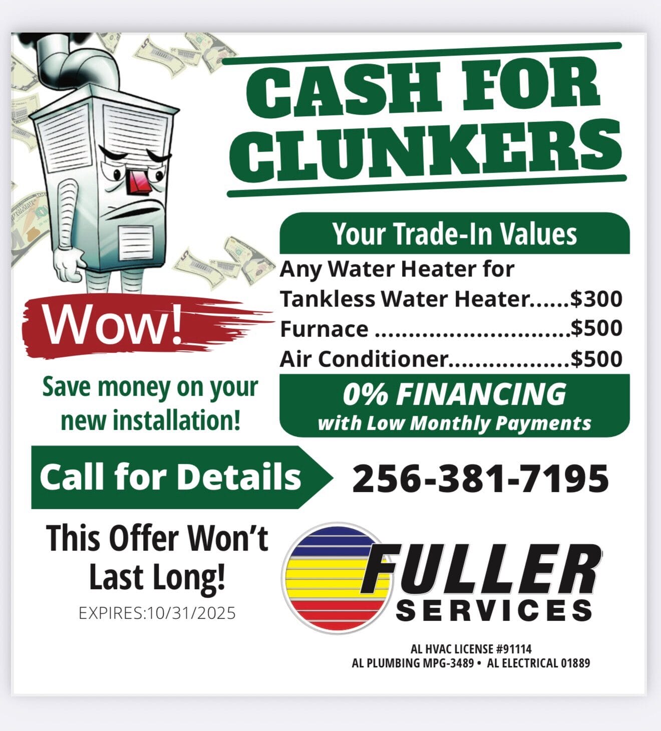 Promotional flyer of Cash for Clunkers advertising trade-in values for HVAC equipment and financing offers.