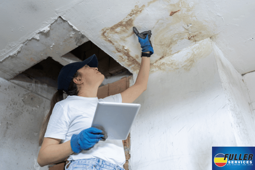 Professional woman checking ceiling mold and water damage
