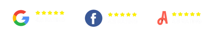 Five-star Google, Facebook, and A-rated review icons highlighting top-rated home service performance.