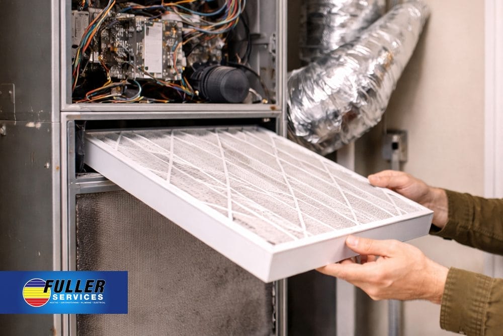 Technician removing an HVAC air filter from a residential system with Fuller Services logo visible in the corner
